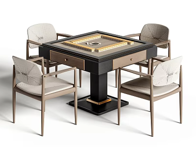 Modern Entertainment Table with Square Mahjong Surface Four Light Colored Upholstered Chairs and Sturdy Base 3d model