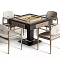 Modern Entertainment Table with Square Mahjong Surface Four Light Colored Upholstered Chairs and Sturdy Base