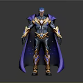 Mythical Warrior In Blue And Gold Armor With Purple Cloak And Shiny Accents