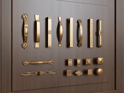 Various Gold Cabinet Handles In Different Styles Displayed On Dark Wood Panel 3d model
