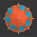 Decorative Orange Umbrella With Blue Red Floral Patterns And Wooden Handle