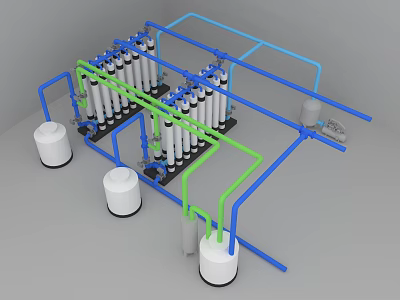 Industrial Equipment Featuring Multiple Cylindrical Filters Connected With Blue Green Pipelines And Support Structures 3d model