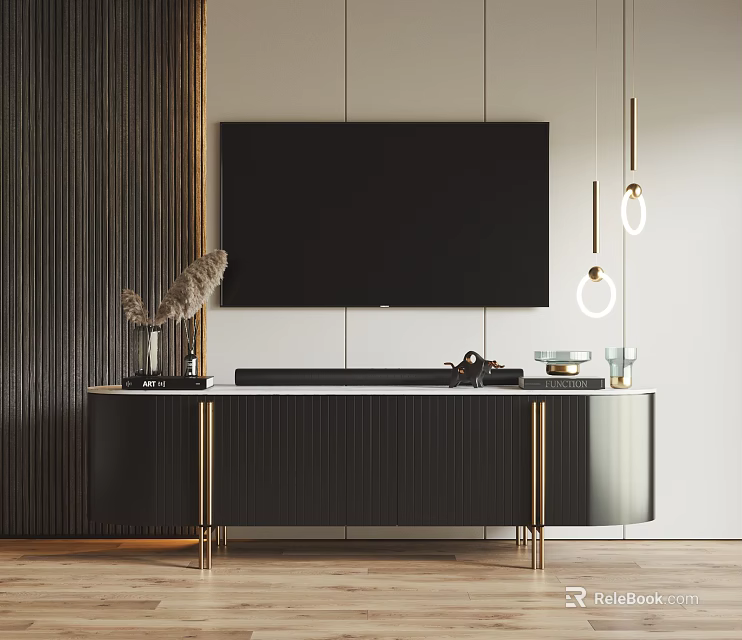 Modern Black Gold TV Stand With TV Decorative Items Pendant Lights Wall And Wooden Floor 3d model 