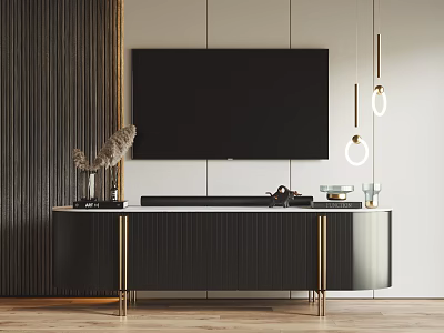 Modern Black Gold TV Stand With TV Decorative Items Pendant Lights Wall And Wooden Floor 3d model