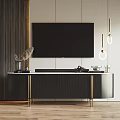 Modern Black Gold TV Stand With TV Decorative Items Pendant Lights Wall And Wooden Floor