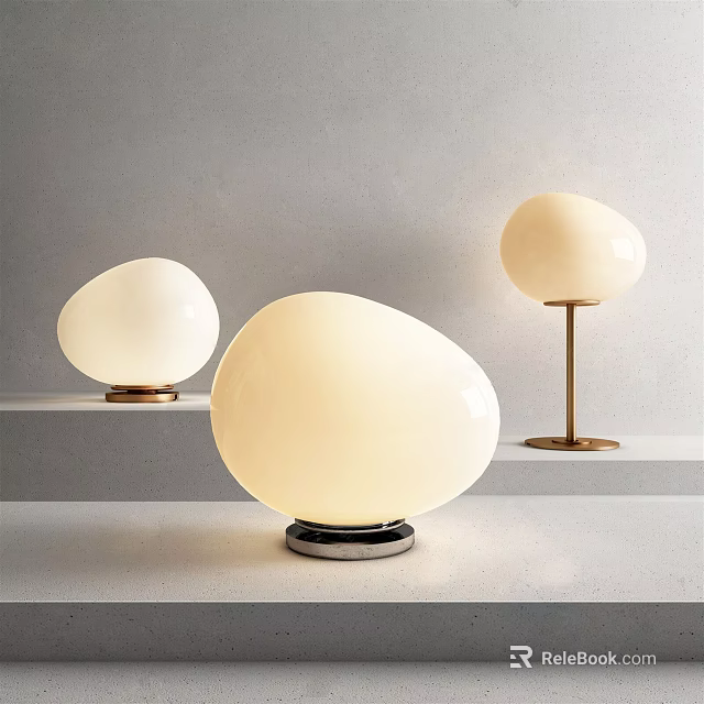 Modern Egg Shaped Table Lamps With White Shades And Metal Bases Displayed On Shelves 3d model 