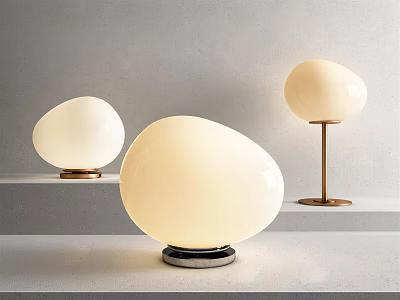 Modern Egg Shaped Table Lamps With White Shades And Metal Bases Displayed On Shelves 3d model
