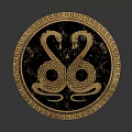 Ornate Round Weapon With Golden Border And Two Intertwined Greek Snakes