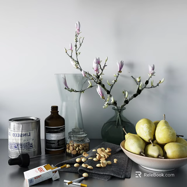 Decorative Ornament Collection With Magnolia Branches Vases Pears Metal Can Glass Bottle And Nut Jar 3d model 