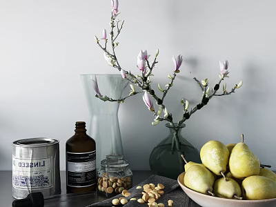 Decorative Ornament Collection With Magnolia Branches Vases Pears Metal Can Glass Bottle And Nut Jar 3d model