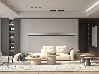 Modern Minimalist Living Room With White Sofa Beige Coffee Tables Gray Rug 3d model