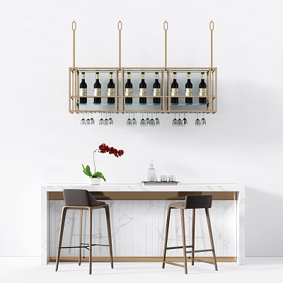Stylish Bar Counter With Hanging Wine Rack Wine Bottles Glasses Red Flowers And Bar Stools 3d model