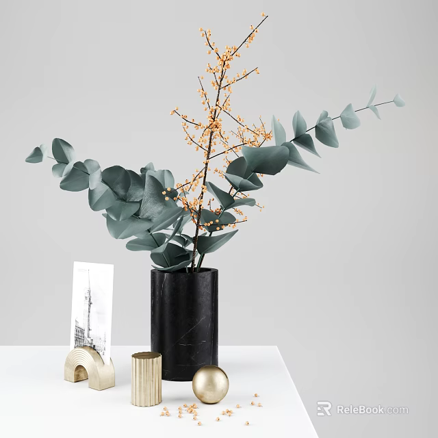 Ornamental Decor With Green Eucalyptus Orange Branches Black Marble Vase Golden Arch And White Card 3d model 