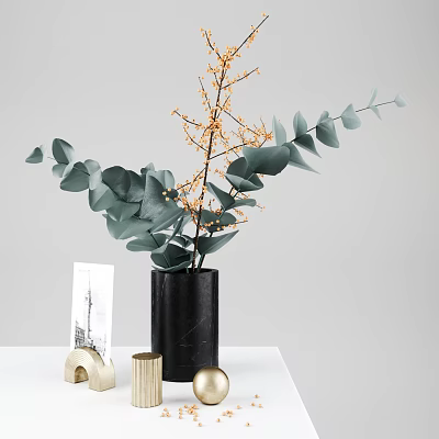 Ornamental Decor With Green Eucalyptus Orange Branches Black Marble Vase Golden Arch And White Card 3d model