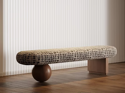 Modern Bench With Woven Texture Seat Round Ball And Square Wooden Base On Wood Floor 3d model