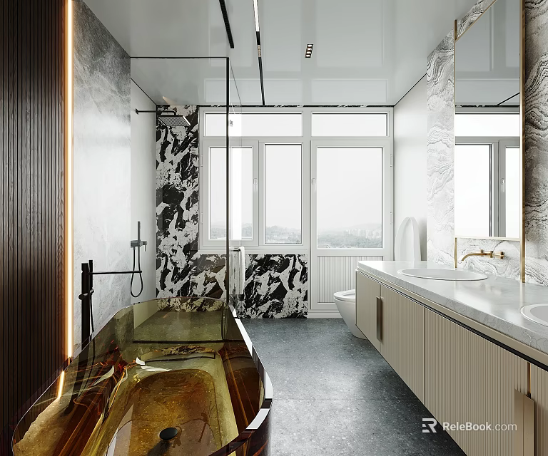 Modern Bathroom Interior With Marble Walls Glass Shower And Gold Freestanding Bathtub 3d model 