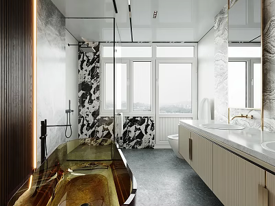 Modern Bathroom Interior With Marble Walls Glass Shower And Gold Freestanding Bathtub 3d model