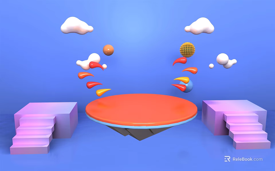 Colorful Photo Check In Spot With Orange Platform Pink Steps And Clouds On Blue Background 3d model 