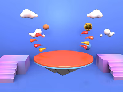 Colorful Photo Check In Spot With Orange Platform Pink Steps And Clouds On Blue Background 3d model