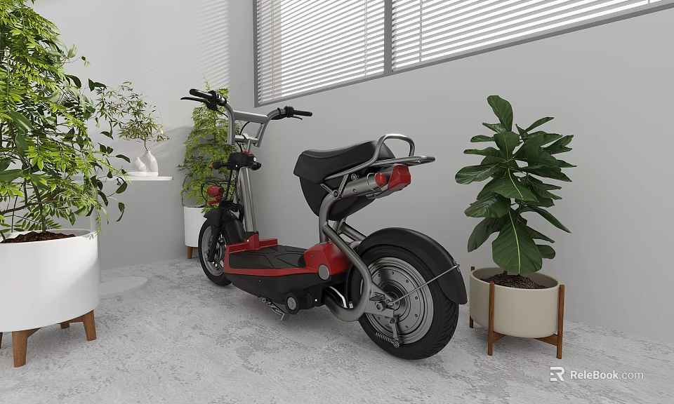Modern Electric Scooter Placed in Stylish Indoor Setting with Green Plants and Decorative Planters 3d model 