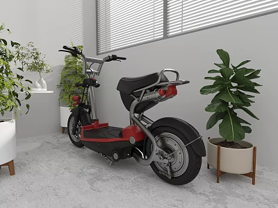 Modern Electric Scooter Placed in Stylish Indoor Setting with Green Plants and Decorative Planters 3d model