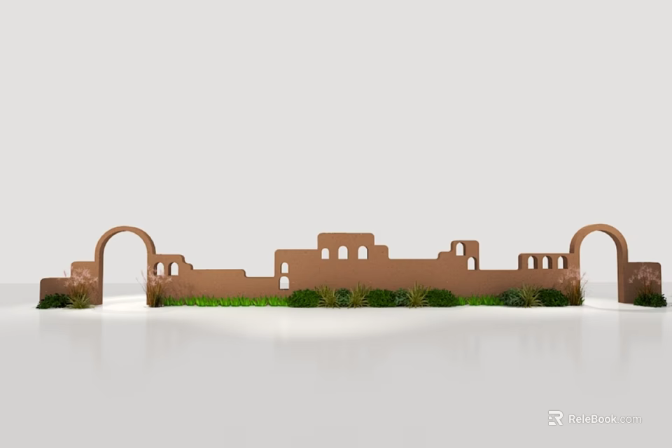 Brick Building Exterior Wall With Arched Design Windows And Decorative Greenery 3d model