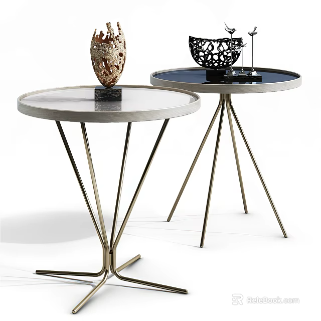 Modern Side Tables With Round White And Dark Tops Metal Triangular Legs And Decorative Sculptures 3d model 