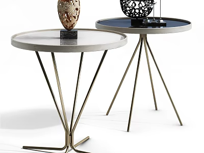 Modern Side Tables With Round White And Dark Tops Metal Triangular Legs And Decorative Sculptures 3d model