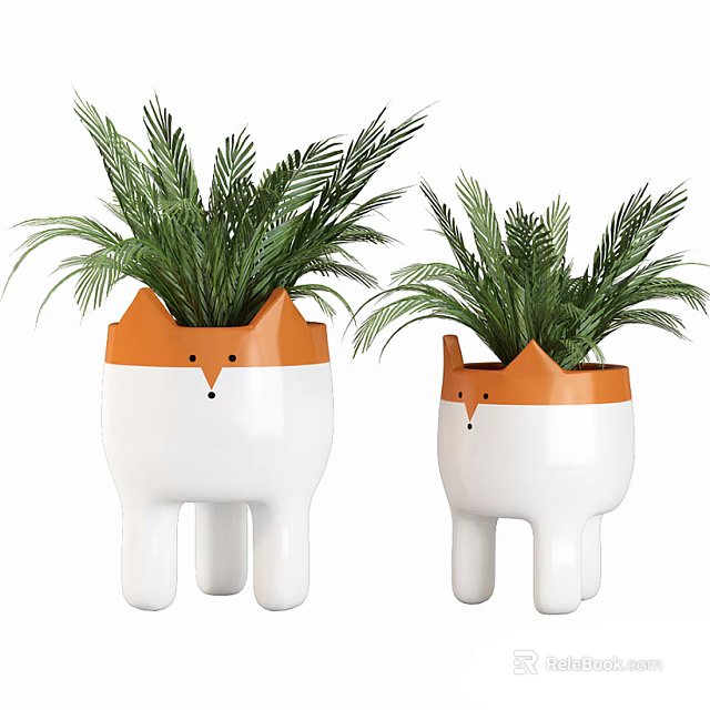 Cute Fox Shaped Bonsai Potted Plants With White Orange Design And Green Foliage 3d model 