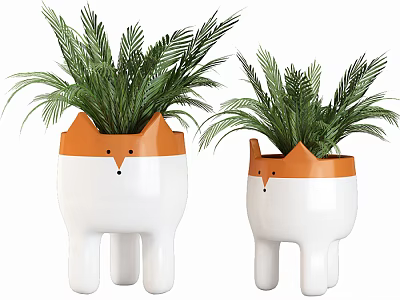 Cute Fox Shaped Bonsai Potted Plants With White Orange Design And Green Foliage 3d model