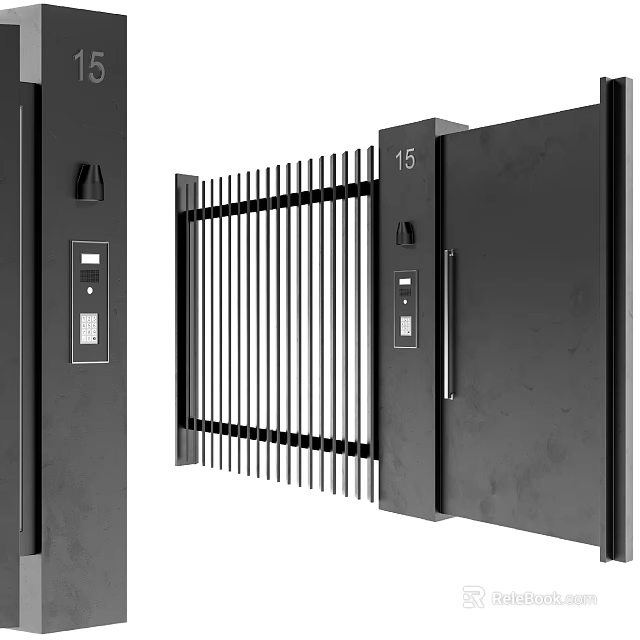 Modern Black Metal Entrance Gate With Vertical Bars And Access Control Panel 3d model 