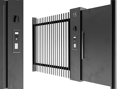 Modern Black Metal Entrance Gate With Vertical Bars And Access Control Panel 3d model