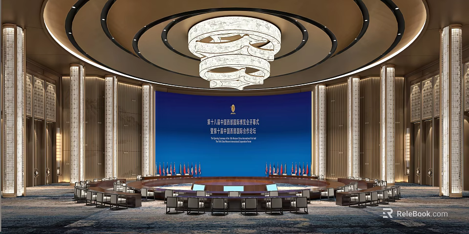 Elegant Conference Room Interior With Circular Table Blue Screen And Luxury Chandelier 3d model 