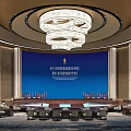 Elegant Conference Room Interior With Circular Table Blue Screen And Luxury Chandelier