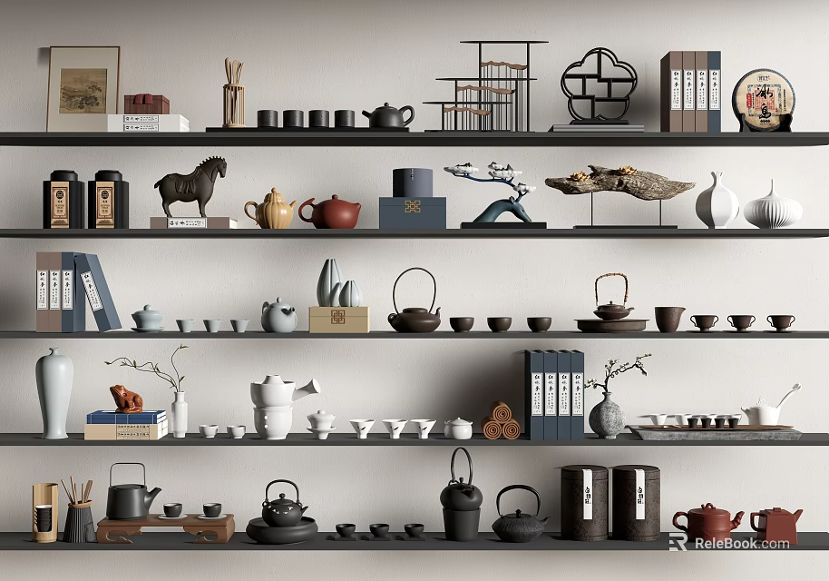 Decorative Ornament Set with Teapots Books Sculptures Vases and Small Plants on Shelves 3d model 