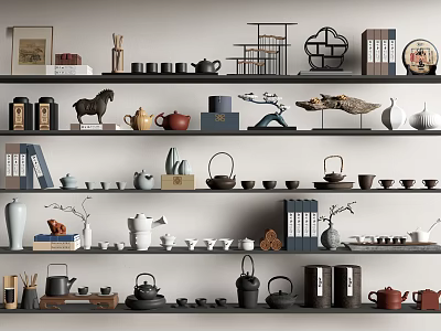 Decorative Ornament Set with Teapots Books Sculptures Vases and Small Plants on Shelves 3d model