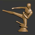 Golden Male Sculpture Displaying Dynamic Kicking Pose with Shiny Base and Dark Background
