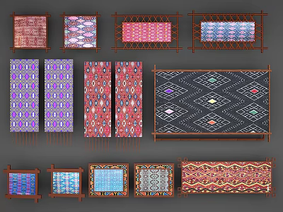 Colorful Patterned Textile Wall Hangings With Geometric Designs And Wooden Frames 3d model