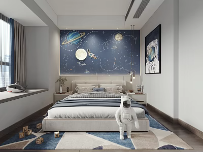 Starry Sky Theme Kids Room With Planets Moon Astronaut Doll Striped Bed And Building Blocks 3d model