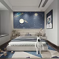 Starry Sky Theme Kids Room With Planets Moon Astronaut Doll Striped Bed And Building Blocks