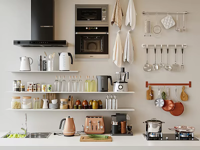 Organized Modern Kitchen Interior With Hanging Cooking Utensils And Shelved Small Appliances 3d model