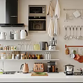 Organized Modern Kitchen Interior With Hanging Cooking Utensils And Shelved Small Appliances