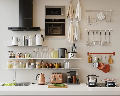 Organized Modern Kitchen Interior With Hanging Cooking Utensils And Shelved Small Appliances 3d model