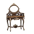 Ornate Dark Wood Dressing Table With Intricate Gold Carvings And Round Mirror