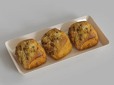 Three Fresh Golden Bread Loaves on White Tray With Crunchy Toppings 3d model