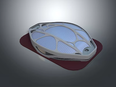 Modern Large Stadium Architectural Design With Glass Roof And Red Base Structure 3d model