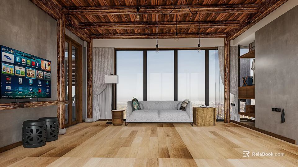 Hotel Guest Room Featuring Wooden Ceiling Large Windows And Comfortable Sofa With Modern Design 3d model 