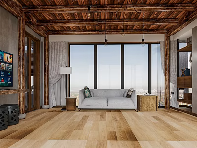 Hotel Guest Room Featuring Wooden Ceiling Large Windows And Comfortable Sofa With Modern Design 3d model