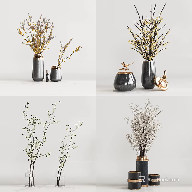 Modern Ceramic Vases With Yellow Twigs White Blossoms And Gold Accents 3d model 