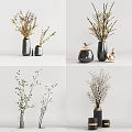 Modern Ceramic Vases With Yellow Twigs White Blossoms And Gold Accents